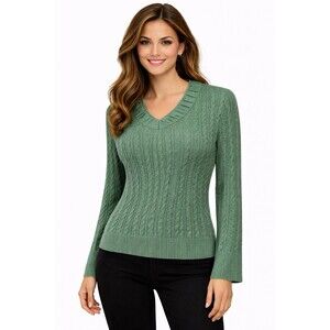 Eddie Bauer Women's Cable Knit M Sweater V Neck Long Sleeve Green Cotton Blend